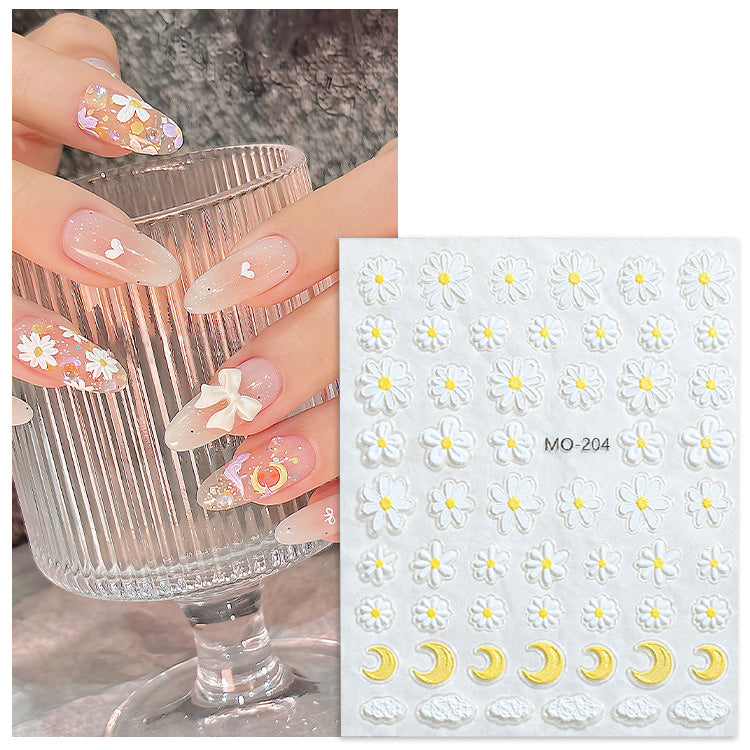 Flower Nail Art Stickers - 5D Embossed Spring Daisy Decals, Self-Adaptive