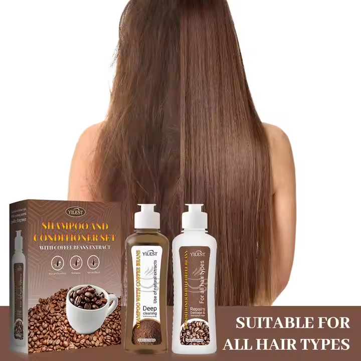 Full shot of model showcasing 2-in-1 Coffee Extract Shampoo & Conditioner