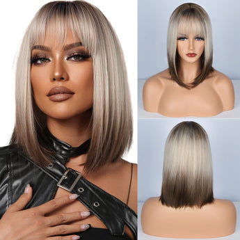 Model showing defect display of women's gradient gray wig.