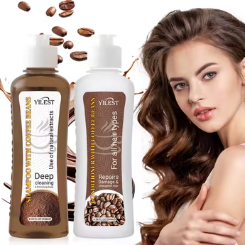 Model using 2-in-1 Coffee Extract Shampoo & Conditioner for shiny hair