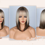 Realistic photo of wig model wearing gradient gray bob wig.