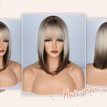 Realistic photo of wig model wearing gradient gray bob wig.