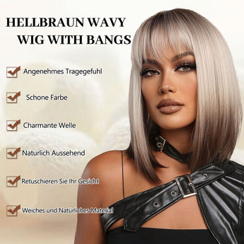 Wavy shaped bangs on gradient gray bob wig.